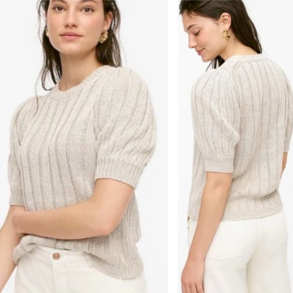 NWT J. Crew Short Puff-Sleeve Beige Linen Sweater - L